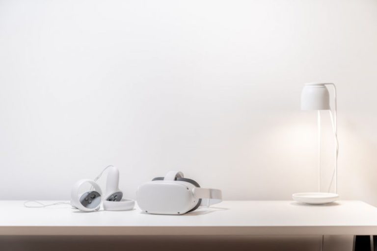 VR Setup - white ceramic teacup on saucer on table