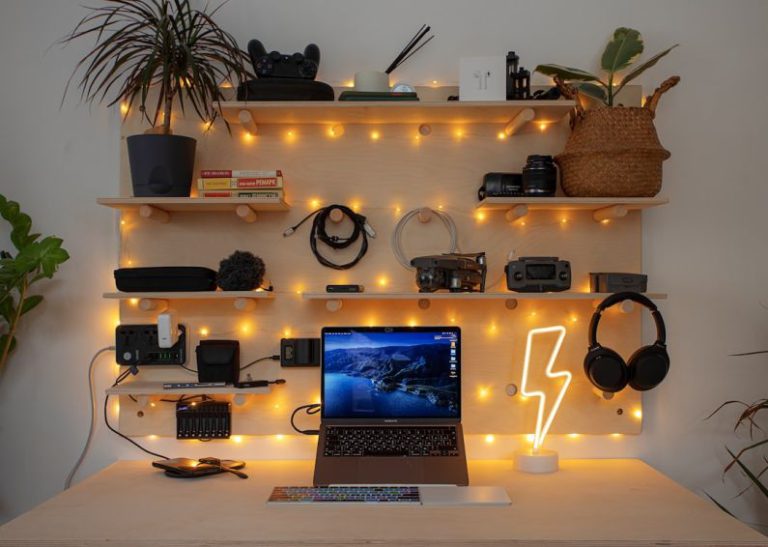 Charging Desk DIY - macbook pro on white table