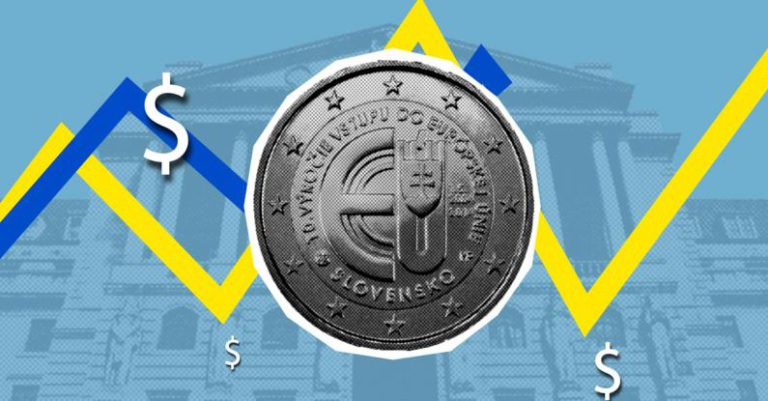Budget Build - Illustration revealing economic concept of growth and decline of euro and dollar currencies against facade of historic building
